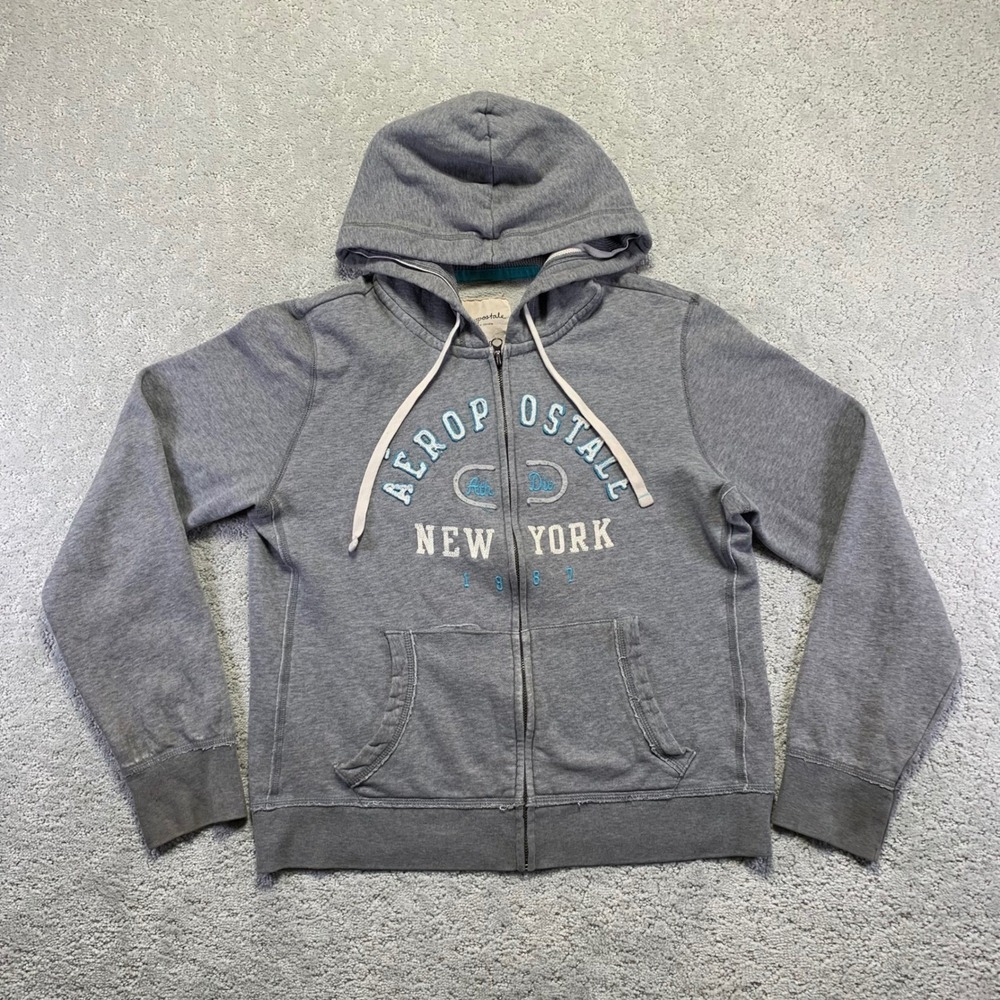 Aeropostale Hoodie Womens XL Gray Zip Up Sweatshirt New York Spell Out Y2k
